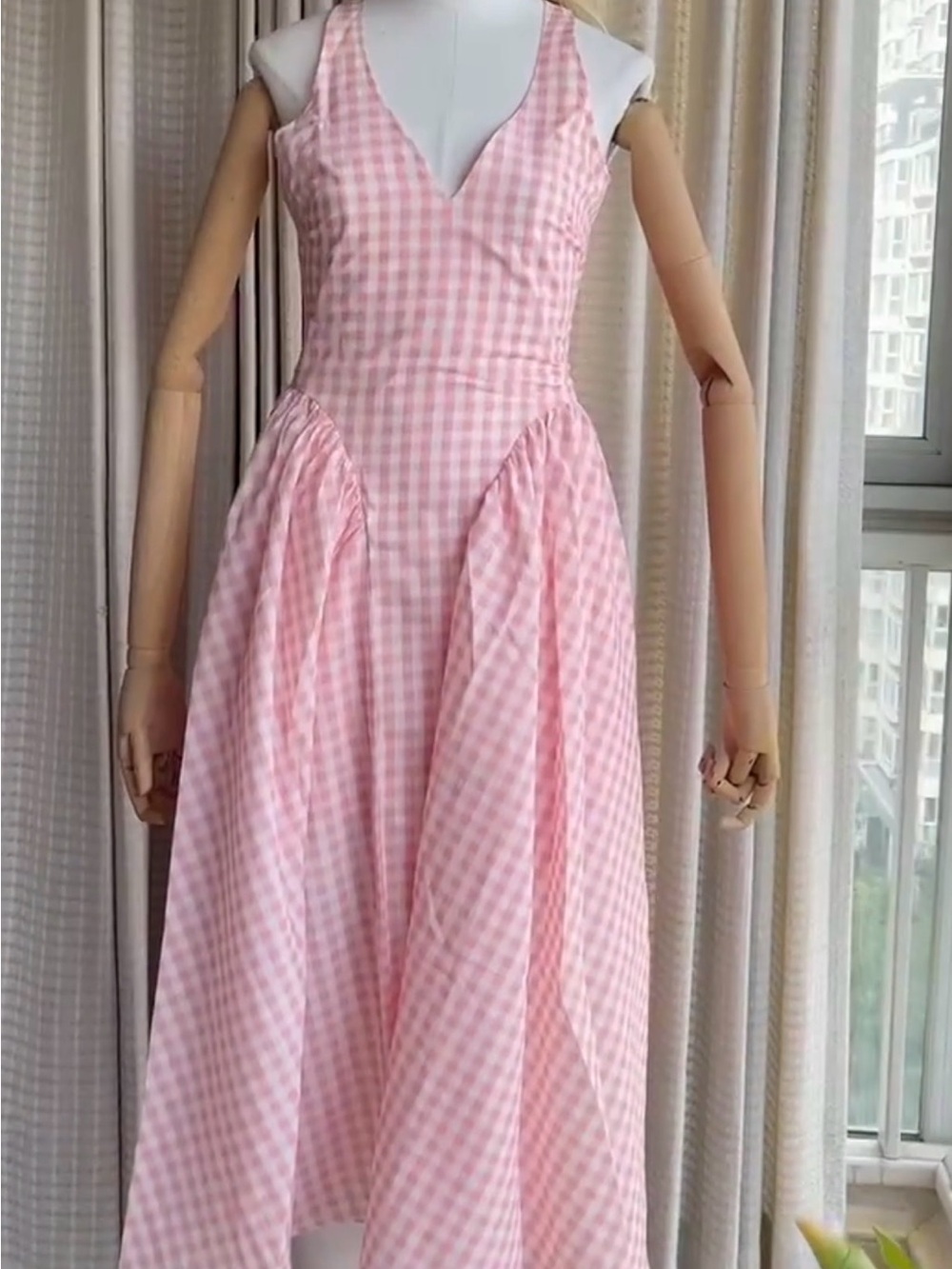 Pink Gingham V-Neck Midi Dress with Flared Skirt
